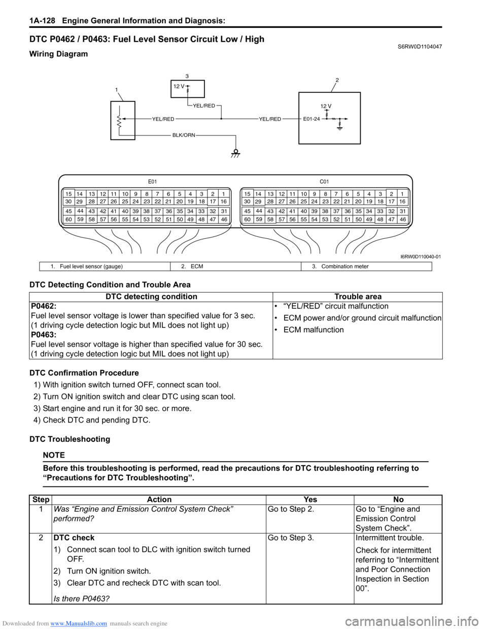 SUZUKI SX4 2006 1.G Service Workshop Manual Downloaded from www.Manualslib.com manuals search engine 1A-128 Engine General Information and Diagnosis:
DTC P0462 / P0463: Fuel Level Sensor Circuit Low / HighS6RW0D1104047
Wiring Diagram
DTC Dete SUZUKI SX4 2006 1.G Service Workshop Manual Downloaded from www.Manualslib.com manuals search engine 1A-128 Engine General Information and Diagnosis:
DTC P0462 / P0463: Fuel Level Sensor Circuit Low / HighS6RW0D1104047
Wiring Diagram
DTC Dete