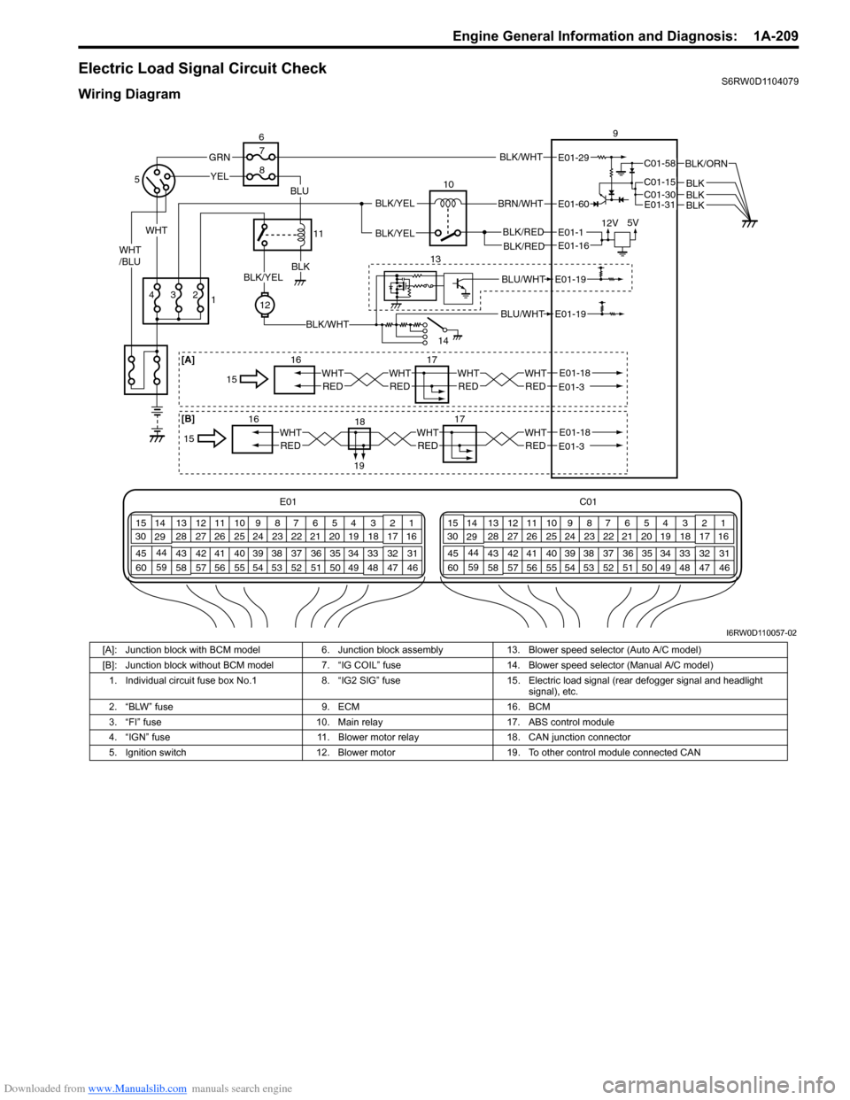 SUZUKI SX4 2006 1.G Service Owners Guide Downloaded from www.Manualslib.com manuals search engine Engine General Information and Diagnosis:  1A-209
Electric Load Signal Circuit CheckS6RW0D1104079
Wiring Diagram
E01 C01
3 4
18 19 5 6 7 10 11
