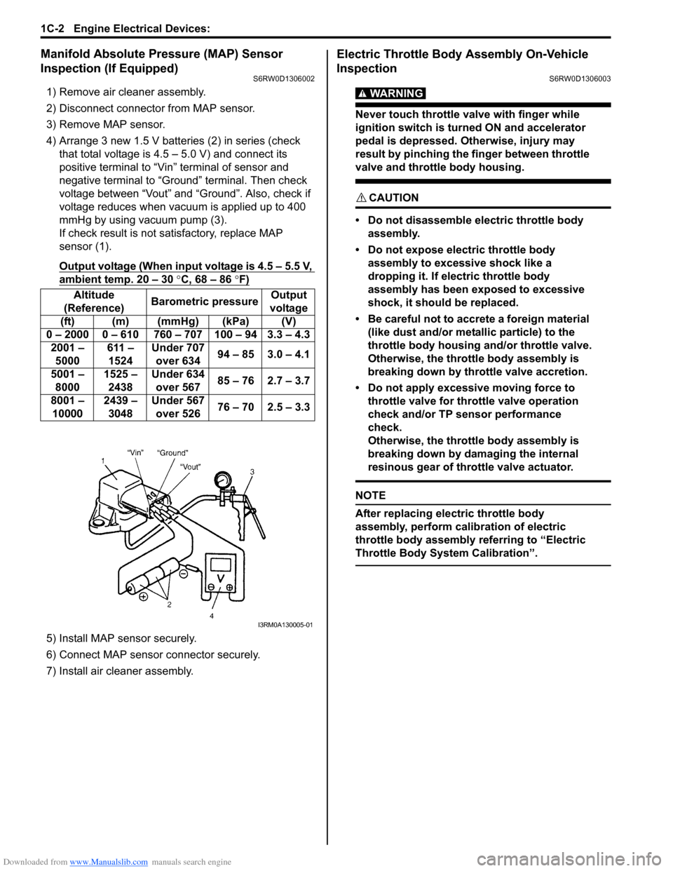 SUZUKI SX4 2006 1.G Service Workshop Manual Downloaded from www.Manualslib.com manuals search engine 1C-2 Engine Electrical Devices:
Manifold Absolute Pressure (MAP) Sensor
Inspection (If Equipped)
S6RW0D1306002
1) Remove air cleaner assembly SUZUKI SX4 2006 1.G Service Workshop Manual Downloaded from www.Manualslib.com manuals search engine 1C-2 Engine Electrical Devices:
Manifold Absolute Pressure (MAP) Sensor
Inspection (If Equipped)
S6RW0D1306002
1) Remove air cleaner assembly