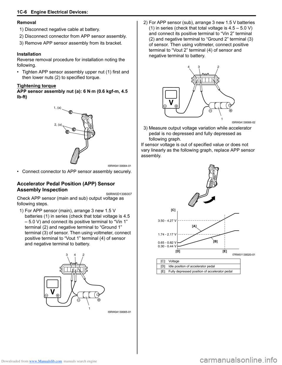 SUZUKI SX4 2006 1.G Service Workshop Manual Downloaded from www.Manualslib.com manuals search engine 1C-6 Engine Electrical Devices:
Removal
1) Disconnect negative cable at battery.
2) Disconnect connector from APP sensor assembly.
3) Remove A SUZUKI SX4 2006 1.G Service Workshop Manual Downloaded from www.Manualslib.com manuals search engine 1C-6 Engine Electrical Devices:
Removal
1) Disconnect negative cable at battery.
2) Disconnect connector from APP sensor assembly.
3) Remove A