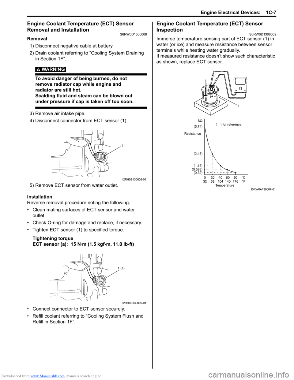 SUZUKI SX4 2006 1.G Service Workshop Manual Downloaded from www.Manualslib.com manuals search engine Engine Electrical Devices: 1C-7
Engine Coolant Temperature (ECT) Sensor
Removal and Installation
S6RW0D1306008
Removal
1) Disconnect negative SUZUKI SX4 2006 1.G Service Workshop Manual Downloaded from www.Manualslib.com manuals search engine Engine Electrical Devices: 1C-7
Engine Coolant Temperature (ECT) Sensor
Removal and Installation
S6RW0D1306008
Removal
1) Disconnect negative