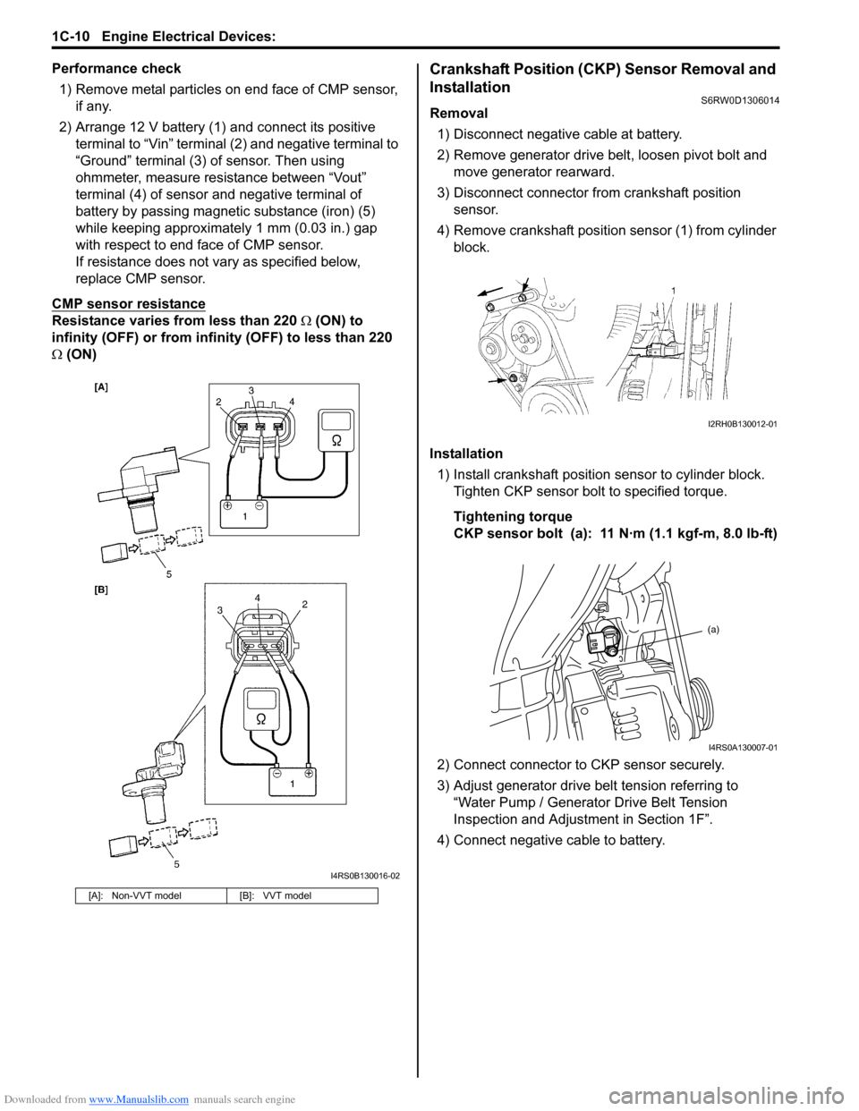 SUZUKI SX4 2006 1.G Service Workshop Manual Downloaded from www.Manualslib.com manuals search engine 1C-10 Engine Electrical Devices: 
Performance check
1) Remove metal particles on end face of CMP sensor, 
if any.
2) Arrange 12 V battery (1) a