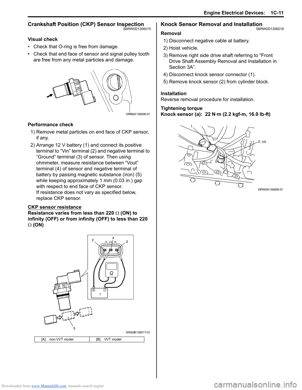 SUZUKI SX4 2006 1.G Service Owners Manual Downloaded from www.Manualslib.com manuals search engine Engine Electrical Devices:  1C-11
Crankshaft Position (CKP) Sensor InspectionS6RW0D1306015
Visual check
• Check that O-ring is free from dama