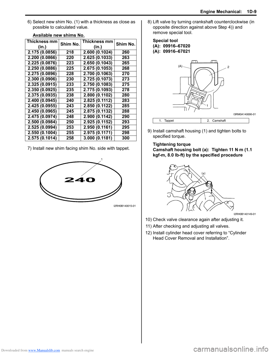 SUZUKI SX4 2006 1.G Service Workshop Manual Downloaded from www.Manualslib.com manuals search engine Engine Mechanical: 1D-9
6) Select new shim No. (1) with a thickness as close as
possible to calculated value.
Available new shims No.
7) Inst SUZUKI SX4 2006 1.G Service Workshop Manual Downloaded from www.Manualslib.com manuals search engine Engine Mechanical: 1D-9
6) Select new shim No. (1) with a thickness as close as
possible to calculated value.
Available new shims No.
7) Inst