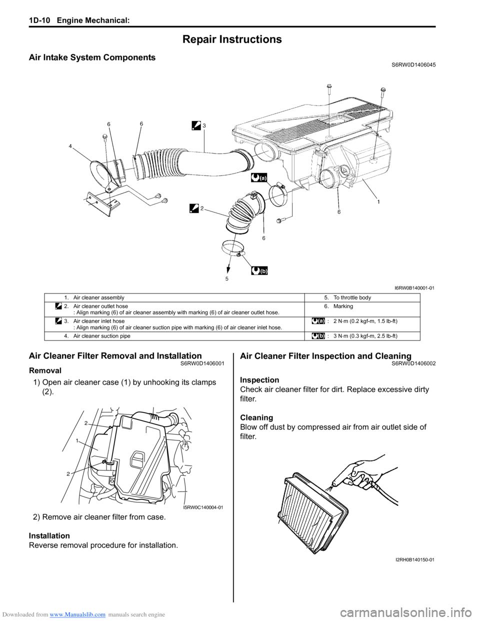 SUZUKI SX4 2006 1.G Service Workshop Manual Downloaded from www.Manualslib.com manuals search engine 1D-10 Engine Mechanical: 
Repair Instructions
Air Intake System ComponentsS6RW0D1406045
Air Cleaner Filter Removal and InstallationS6RW0D140600