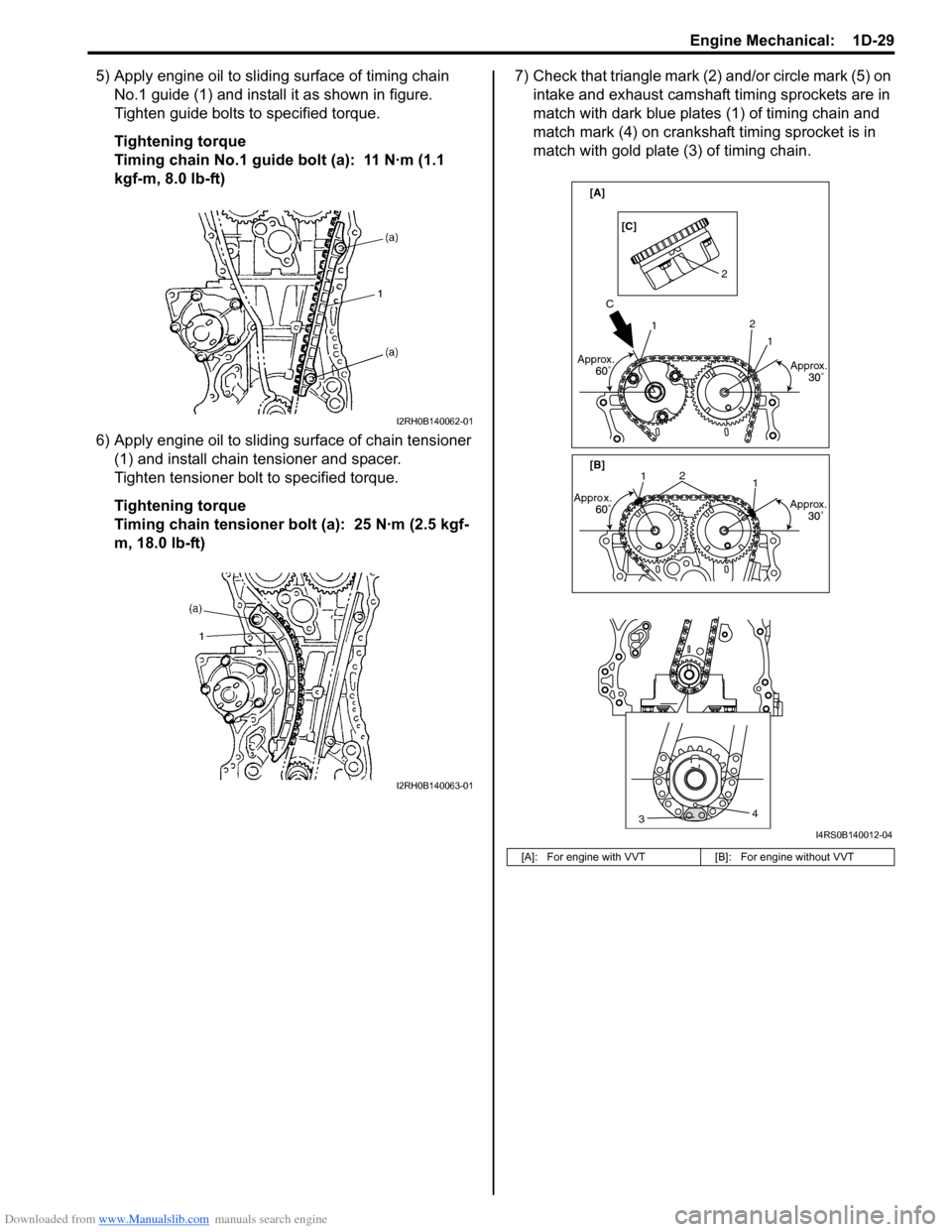 SUZUKI SX4 2006 1.G Service Workshop Manual Downloaded from www.Manualslib.com manuals search engine Engine Mechanical:  1D-29
5) Apply engine oil to sliding surface of timing chain 
No.1 guide (1) and install it as shown in figure.
Tighten gui