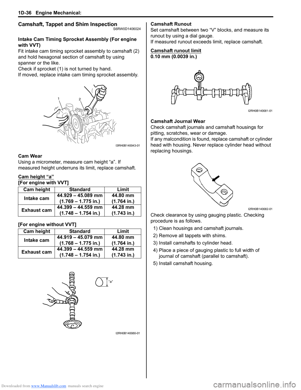 SUZUKI SX4 2006 1.G Service Workshop Manual Downloaded from www.Manualslib.com manuals search engine 1D-36 Engine Mechanical: 
Camshaft, Tappet and Shim InspectionS6RW0D1406024
Intake Cam Timing Sprocket Assembly (For engine 
with VVT)
Fit inta