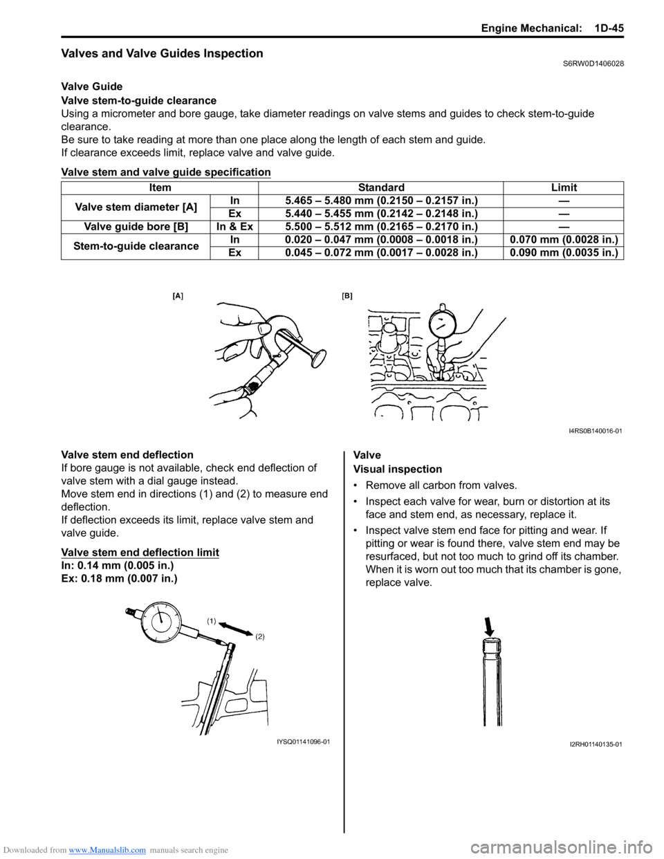 SUZUKI SX4 2006 1.G Service Workshop Manual Downloaded from www.Manualslib.com manuals search engine Engine Mechanical:  1D-45
Valves and Valve Guides InspectionS6RW0D1406028
Valve Guide
Valve stem-to-guide clearance
Using a micrometer and bore