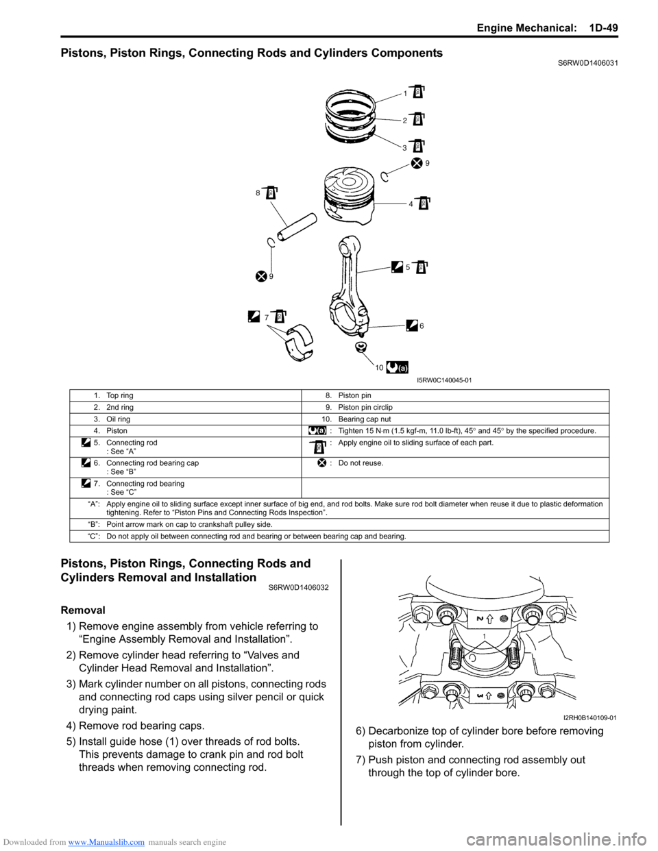 SUZUKI SX4 2006 1.G Service Workshop Manual Downloaded from www.Manualslib.com manuals search engine Engine Mechanical:  1D-49
Pistons, Piston Rings, Connecting Rods and Cylinders ComponentsS6RW0D1406031
Pistons, Piston Rings, Connecting Rods a