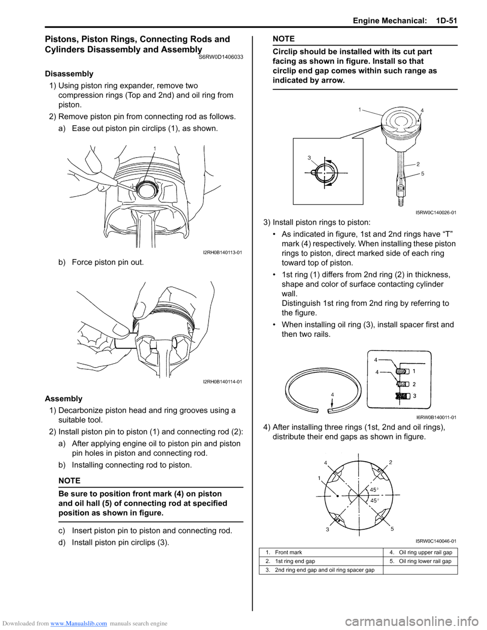 SUZUKI SX4 2006 1.G Service Workshop Manual Downloaded from www.Manualslib.com manuals search engine Engine Mechanical:  1D-51
Pistons, Piston Rings, Connecting Rods and 
Cylinders Disassembly and Assembly
S6RW0D1406033
Disassembly
1) Using pis