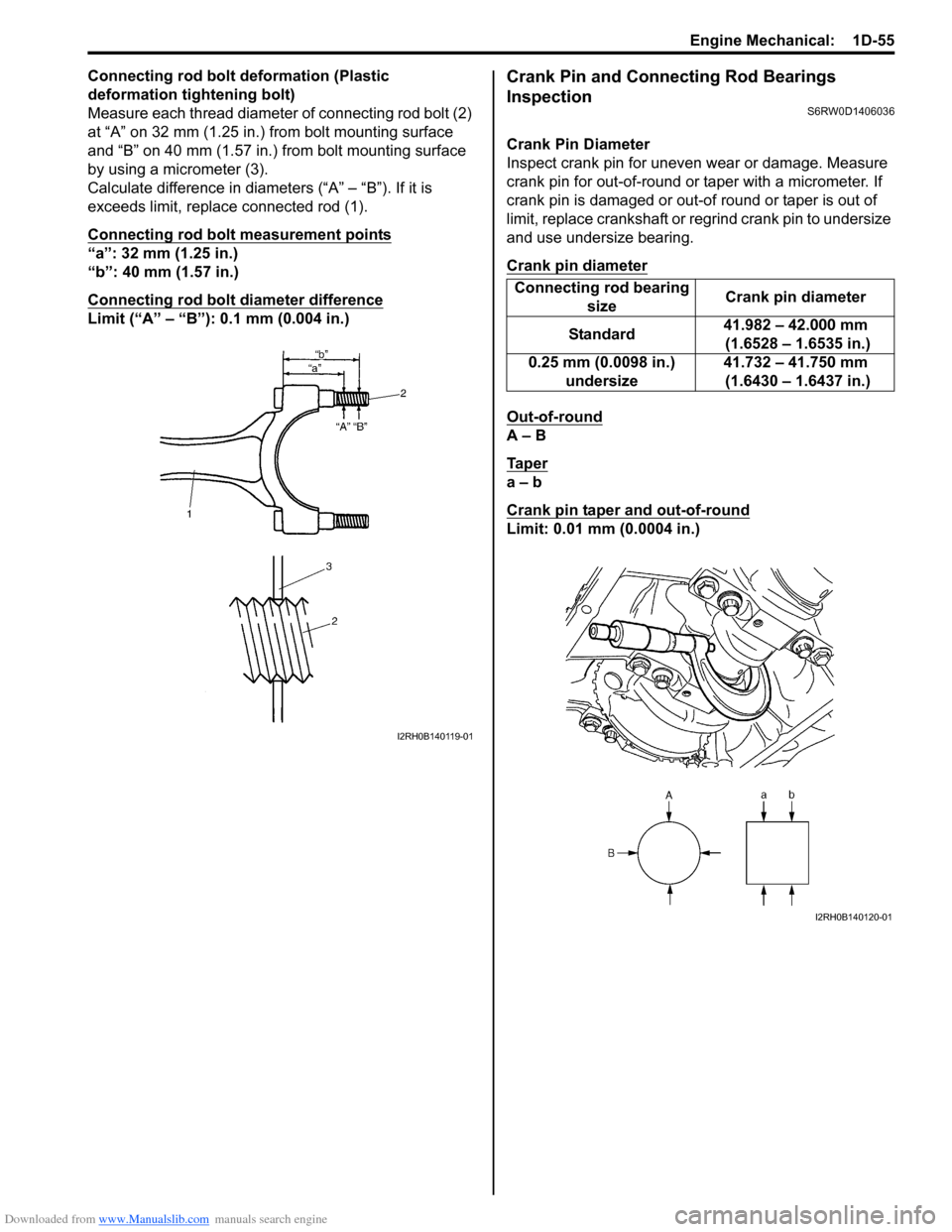 SUZUKI SX4 2006 1.G Service Workshop Manual Downloaded from www.Manualslib.com manuals search engine Engine Mechanical:  1D-55
Connecting rod bolt deformation (Plastic 
deformation tightening bolt)
Measure each thread diameter of connecting rod