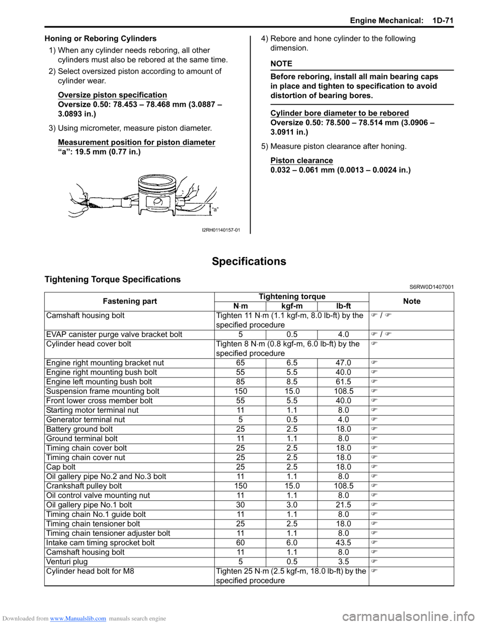 SUZUKI SX4 2006 1.G Service Service Manual Downloaded from www.Manualslib.com manuals search engine Engine Mechanical:  1D-71
Honing or Reboring Cylinders
1) When any cylinder needs reboring, all other 
cylinders must also be rebored at the sa