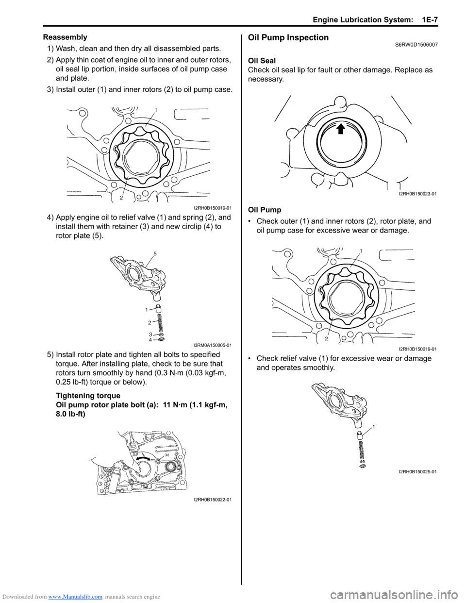SUZUKI SX4 2006 1.G Service Workshop Manual Downloaded from www.Manualslib.com manuals search engine Engine Lubrication System:  1E-7
Reassembly
1) Wash, clean and then dry all disassembled parts.
2) Apply thin coat of engine oil to inner and o