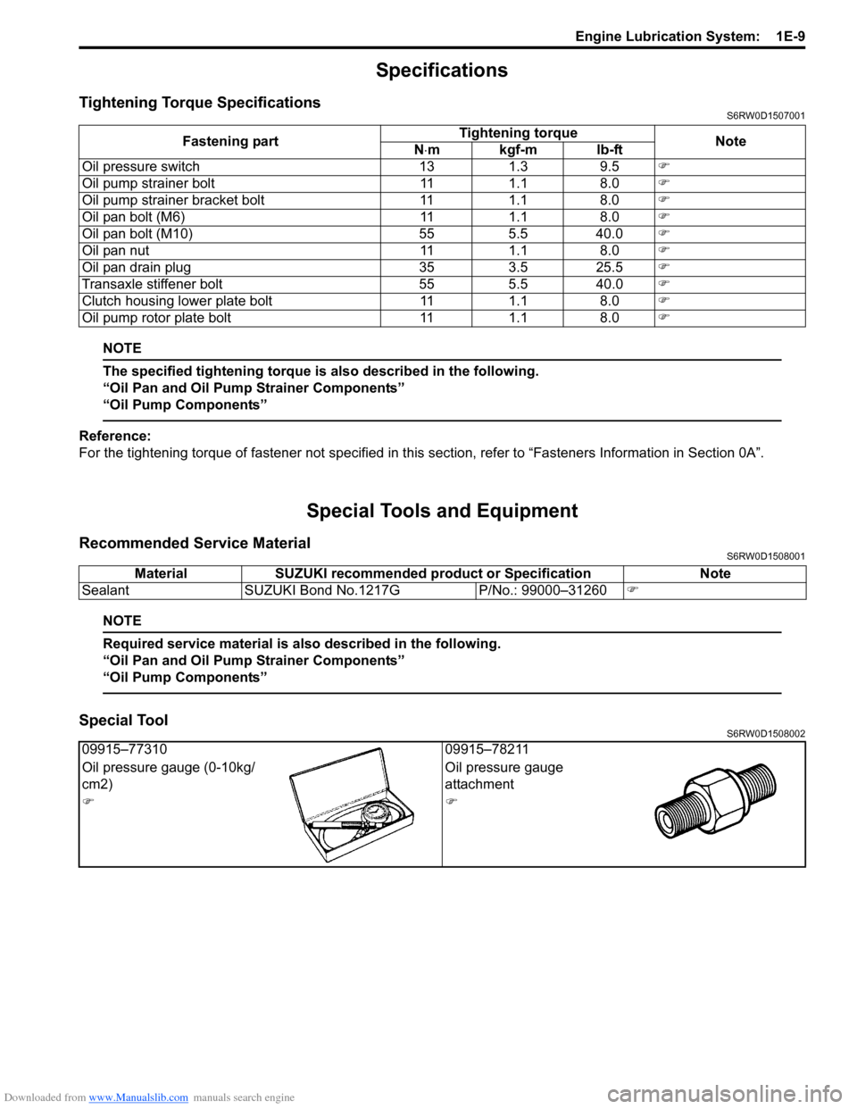 SUZUKI SX4 2006 1.G Service Workshop Manual Downloaded from www.Manualslib.com manuals search engine Engine Lubrication System: 1E-9
Specifications
Tightening Torque SpecificationsS6RW0D1507001
NOTE
The specified tightening torque is also desc SUZUKI SX4 2006 1.G Service Workshop Manual Downloaded from www.Manualslib.com manuals search engine Engine Lubrication System: 1E-9
Specifications
Tightening Torque SpecificationsS6RW0D1507001
NOTE
The specified tightening torque is also desc