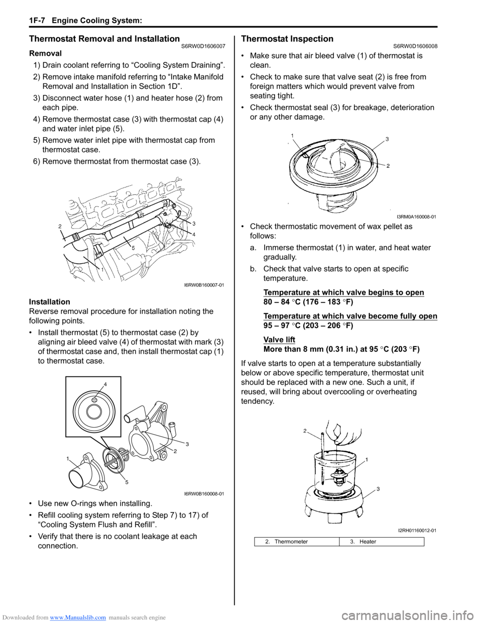 SUZUKI SX4 2006 1.G Service Workshop Manual Downloaded from www.Manualslib.com manuals search engine 1F-7 Engine Cooling System: 
Thermostat Removal and InstallationS6RW0D1606007
Removal
1) Drain coolant referring to “Cooling System Draining�