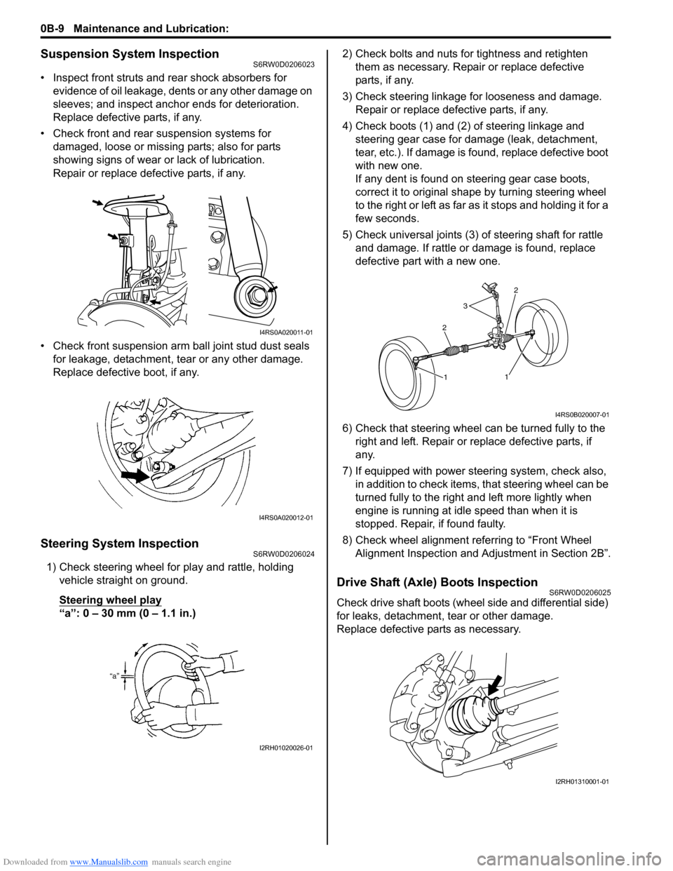 SUZUKI SX4 2006 1.G Service User Guide Downloaded from www.Manualslib.com manuals search engine 0B-9 Maintenance and Lubrication: 
Suspension System InspectionS6RW0D0206023
• Inspect front struts and rear shock absorbers for 
evidence of