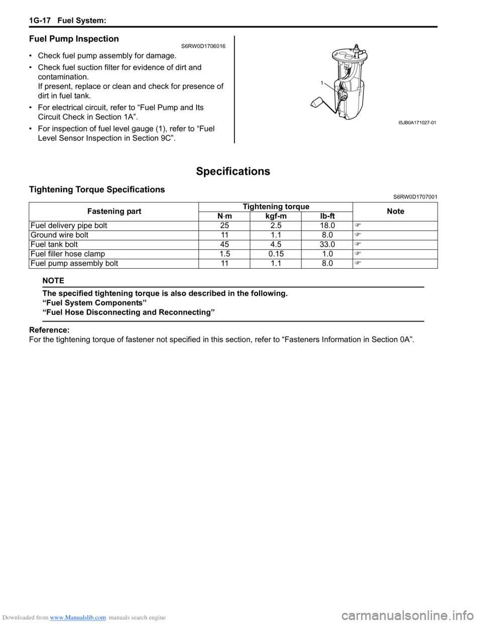SUZUKI SX4 2006 1.G Service Workshop Manual Downloaded from www.Manualslib.com manuals search engine 1G-17 Fuel System:
Fuel Pump InspectionS6RW0D1706016
• Check fuel pump assembly for damage.
• Check fuel suction filter for evidence of di SUZUKI SX4 2006 1.G Service Workshop Manual Downloaded from www.Manualslib.com manuals search engine 1G-17 Fuel System:
Fuel Pump InspectionS6RW0D1706016
• Check fuel pump assembly for damage.
• Check fuel suction filter for evidence of di