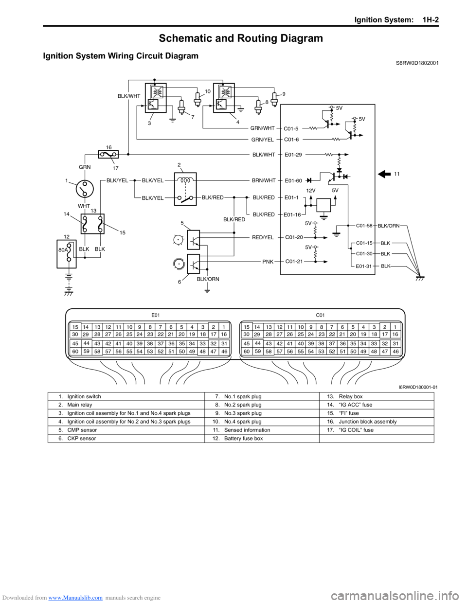 SUZUKI SX4 2006 1.G Service Service Manual Downloaded from www.Manualslib.com manuals search engine Ignition System:  1H-2
Schematic and Routing Diagram
Ignition System Wiring Circuit DiagramS6RW0D1802001
E01-60
E01-29  
12V5V
5V
E01-1
 E01-16