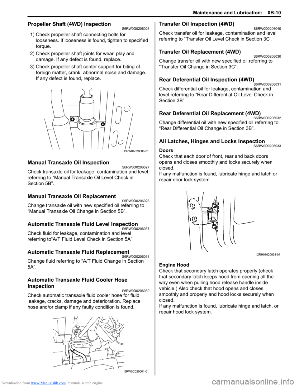 SUZUKI SX4 2006 1.G Service Workshop Manual Downloaded from www.Manualslib.com manuals search engine Maintenance and Lubrication: 0B-10
Propeller Shaft (4WD) InspectionS6RW0D0206026
1) Check propeller shaft connecting bolts for
looseness. If SUZUKI SX4 2006 1.G Service Workshop Manual Downloaded from www.Manualslib.com manuals search engine Maintenance and Lubrication: 0B-10
Propeller Shaft (4WD) InspectionS6RW0D0206026
1) Check propeller shaft connecting bolts for
looseness. If