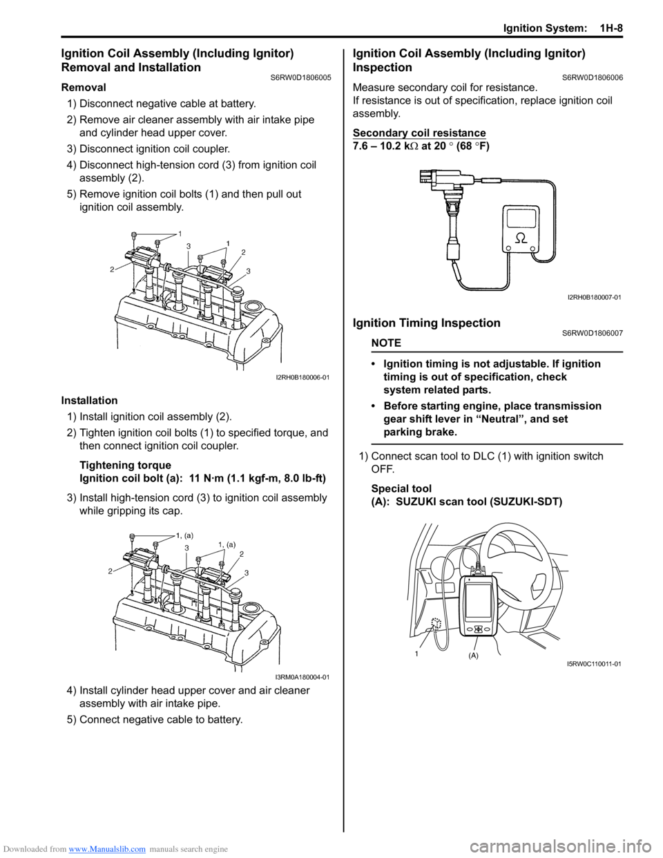 SUZUKI SX4 2006 1.G Service Workshop Manual Downloaded from www.Manualslib.com manuals search engine Ignition System:  1H-8
Ignition Coil Assembly (Including Ignitor) 
Removal and Installation
S6RW0D1806005
Removal
1) Disconnect negative cable 