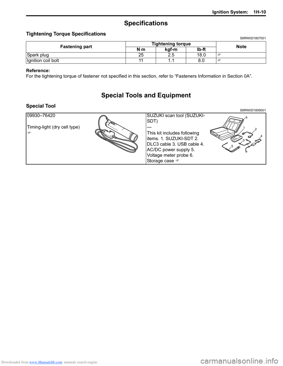 SUZUKI SX4 2006 1.G Service Workshop Manual Downloaded from www.Manualslib.com manuals search engine Ignition System: 1H-10
Specifications
Tightening Torque SpecificationsS6RW0D1807001
Reference:
For the tightening torque of fastener not speci SUZUKI SX4 2006 1.G Service Workshop Manual Downloaded from www.Manualslib.com manuals search engine Ignition System: 1H-10
Specifications
Tightening Torque SpecificationsS6RW0D1807001
Reference:
For the tightening torque of fastener not speci