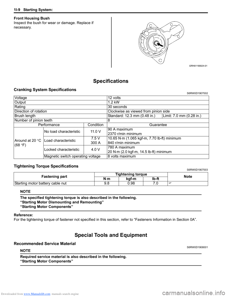SUZUKI SX4 2006 1.G Service Workshop Manual Downloaded from www.Manualslib.com manuals search engine 1I-9 Starting System:
Front Housing Bush
Inspect the bush for wear or damage. Replace if
necessary.
Specifications
Cranking System Specificat SUZUKI SX4 2006 1.G Service Workshop Manual Downloaded from www.Manualslib.com manuals search engine 1I-9 Starting System:
Front Housing Bush
Inspect the bush for wear or damage. Replace if
necessary.
Specifications
Cranking System Specificat