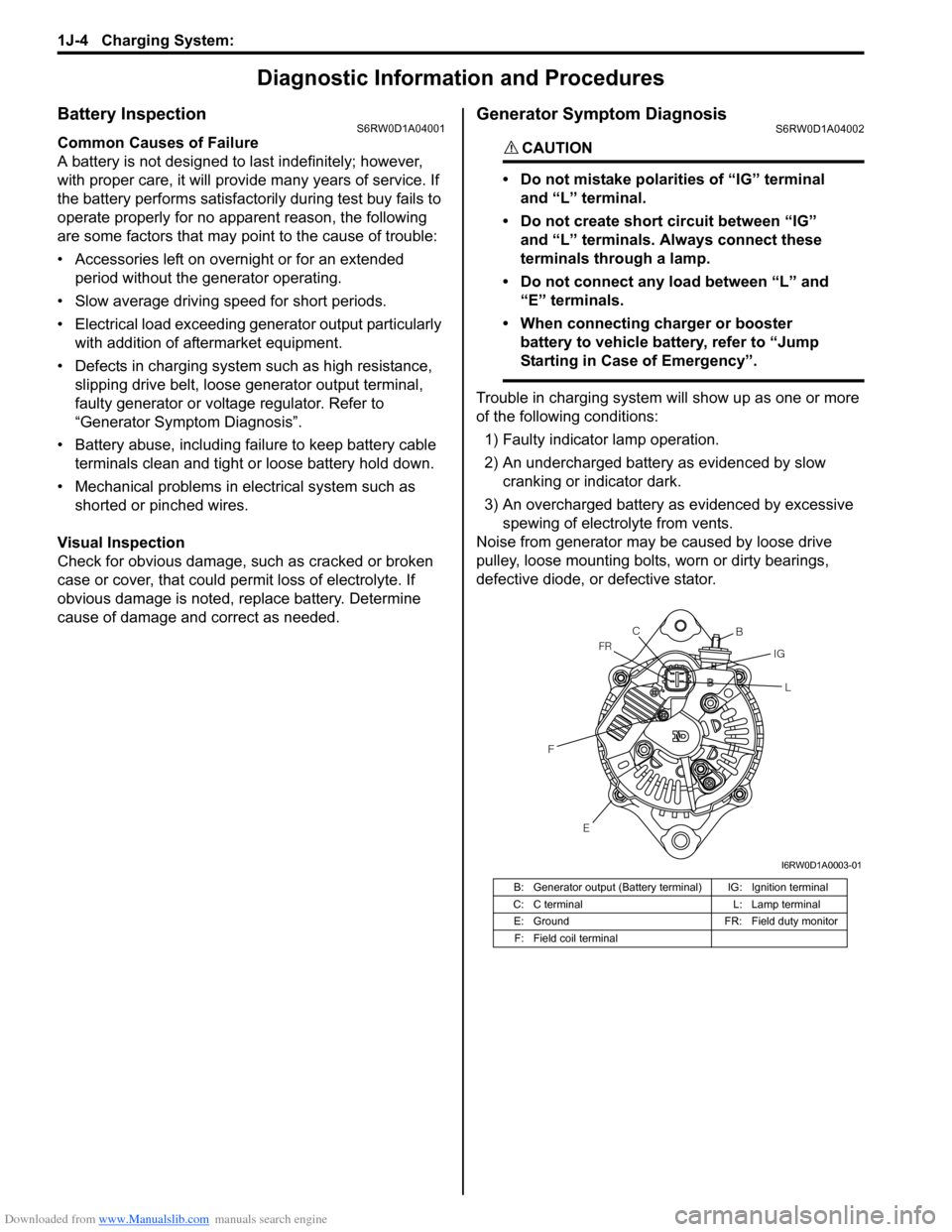 SUZUKI SX4 2006 1.G Service Workshop Manual Downloaded from www.Manualslib.com manuals search engine 1J-4 Charging System:
Diagnostic Information and Procedures
Battery InspectionS6RW0D1A04001
Common Causes of Failure
A battery is not designed SUZUKI SX4 2006 1.G Service Workshop Manual Downloaded from www.Manualslib.com manuals search engine 1J-4 Charging System:
Diagnostic Information and Procedures
Battery InspectionS6RW0D1A04001
Common Causes of Failure
A battery is not designed