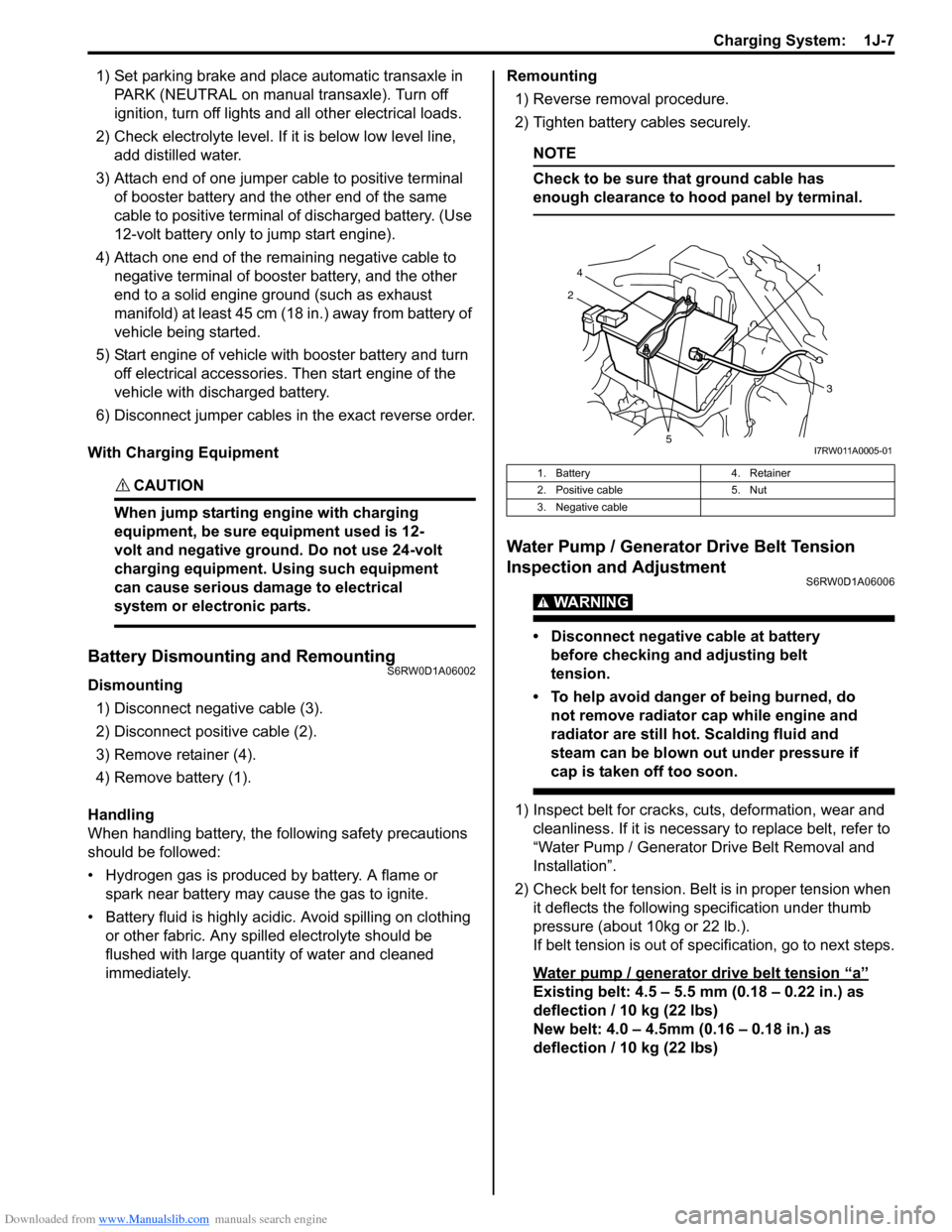 SUZUKI SX4 2006 1.G Service Workshop Manual Downloaded from www.Manualslib.com manuals search engine Charging System:  1J-7
1) Set parking brake and place automatic transaxle in 
PARK (NEUTRAL on manual transaxle). Turn off 
ignition, turn off 