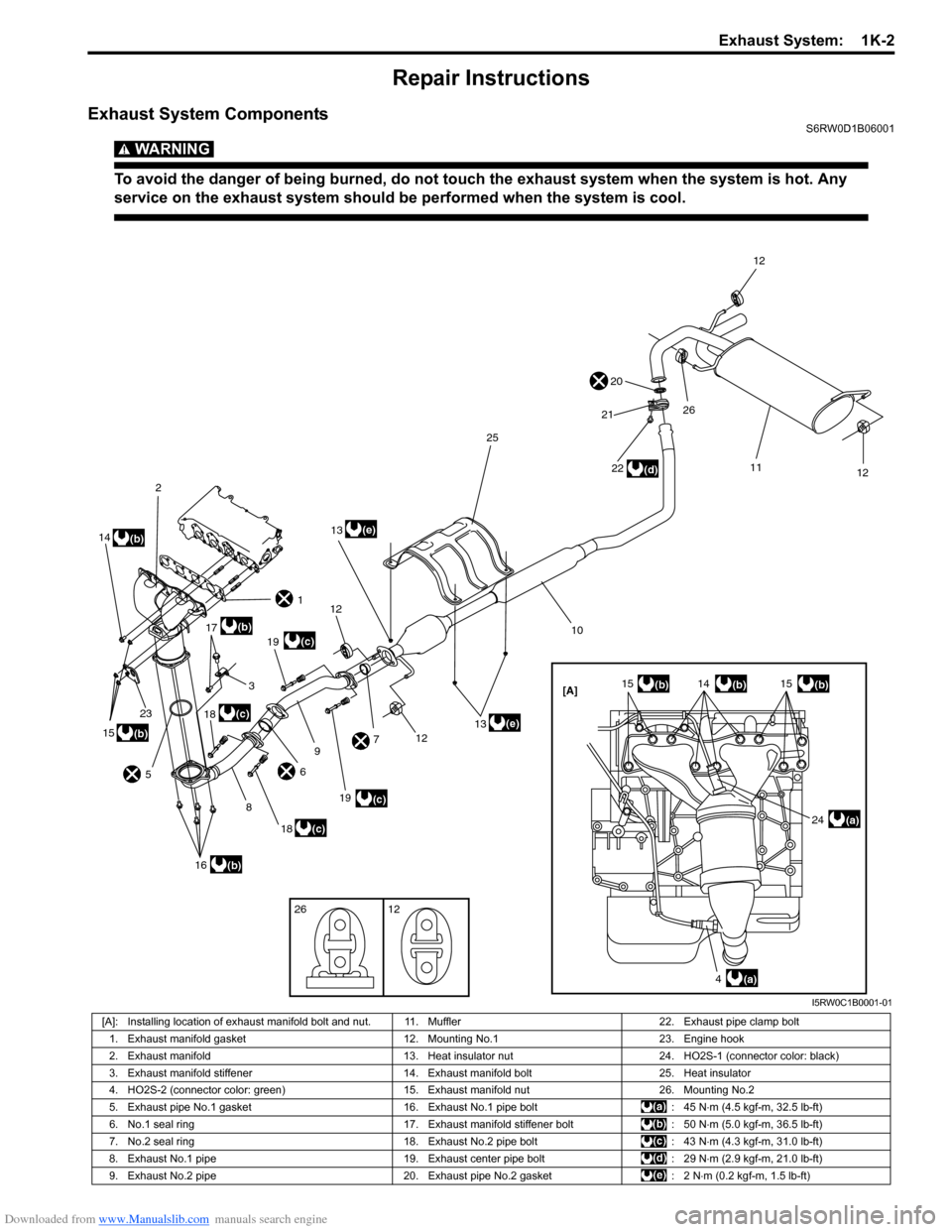 SUZUKI SX4 2006 1.G Service Workshop Manual Downloaded from www.Manualslib.com manuals search engine Exhaust System: 1K-2
Repair Instructions
Exhaust System ComponentsS6RW0D1B06001
WARNING!
To avoid the danger of being burned, do not touch th SUZUKI SX4 2006 1.G Service Workshop Manual Downloaded from www.Manualslib.com manuals search engine Exhaust System: 1K-2
Repair Instructions
Exhaust System ComponentsS6RW0D1B06001
WARNING!
To avoid the danger of being burned, do not touch th