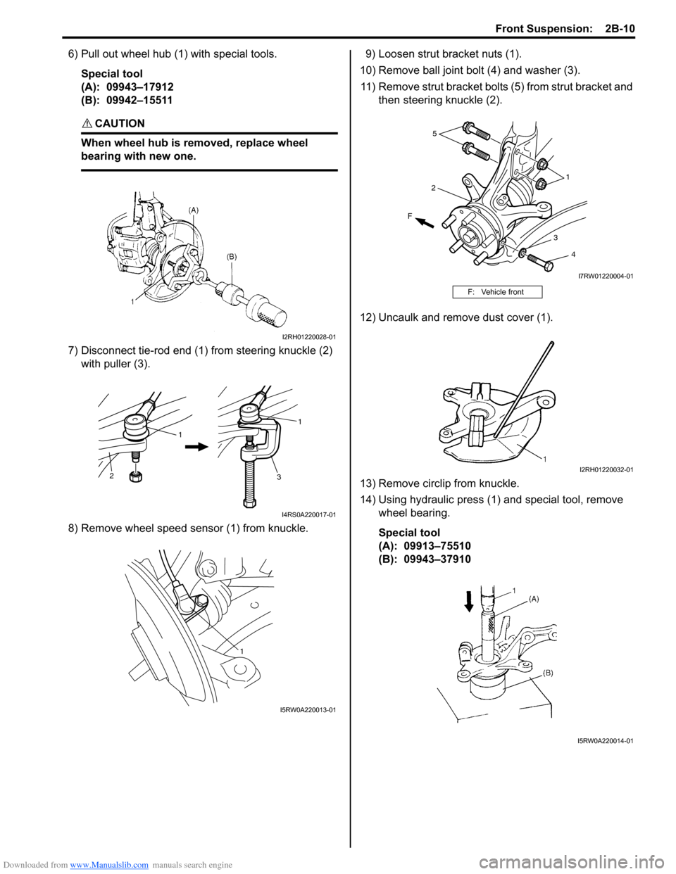 SUZUKI SX4 2006 1.G Service Workshop Manual Downloaded from www.Manualslib.com manuals search engine Front Suspension: 2B-10
6) Pull out wheel hub (1) with special tools.
Special tool
(A): 09943–17912
(B): 09942–15511
CAUTION!
When whee SUZUKI SX4 2006 1.G Service Workshop Manual Downloaded from www.Manualslib.com manuals search engine Front Suspension: 2B-10
6) Pull out wheel hub (1) with special tools.
Special tool
(A): 09943–17912
(B): 09942–15511
CAUTION!
When whee