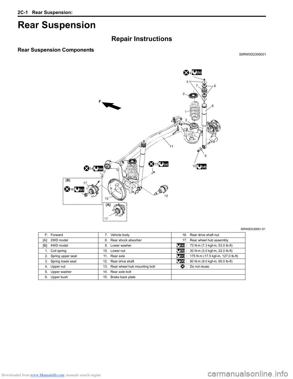SUZUKI SX4 2006 1.G Service Workshop Manual Downloaded from www.Manualslib.com manuals search engine 2C-1 Rear Suspension:
Suspension
Rear Suspension
Repair Instructions
Rear Suspension ComponentsS6RW0D2306001
I6RW0D230001-01
F: Forward 7. Veh SUZUKI SX4 2006 1.G Service Workshop Manual Downloaded from www.Manualslib.com manuals search engine 2C-1 Rear Suspension:
Suspension
Rear Suspension
Repair Instructions
Rear Suspension ComponentsS6RW0D2306001
I6RW0D230001-01
F: Forward 7. Veh