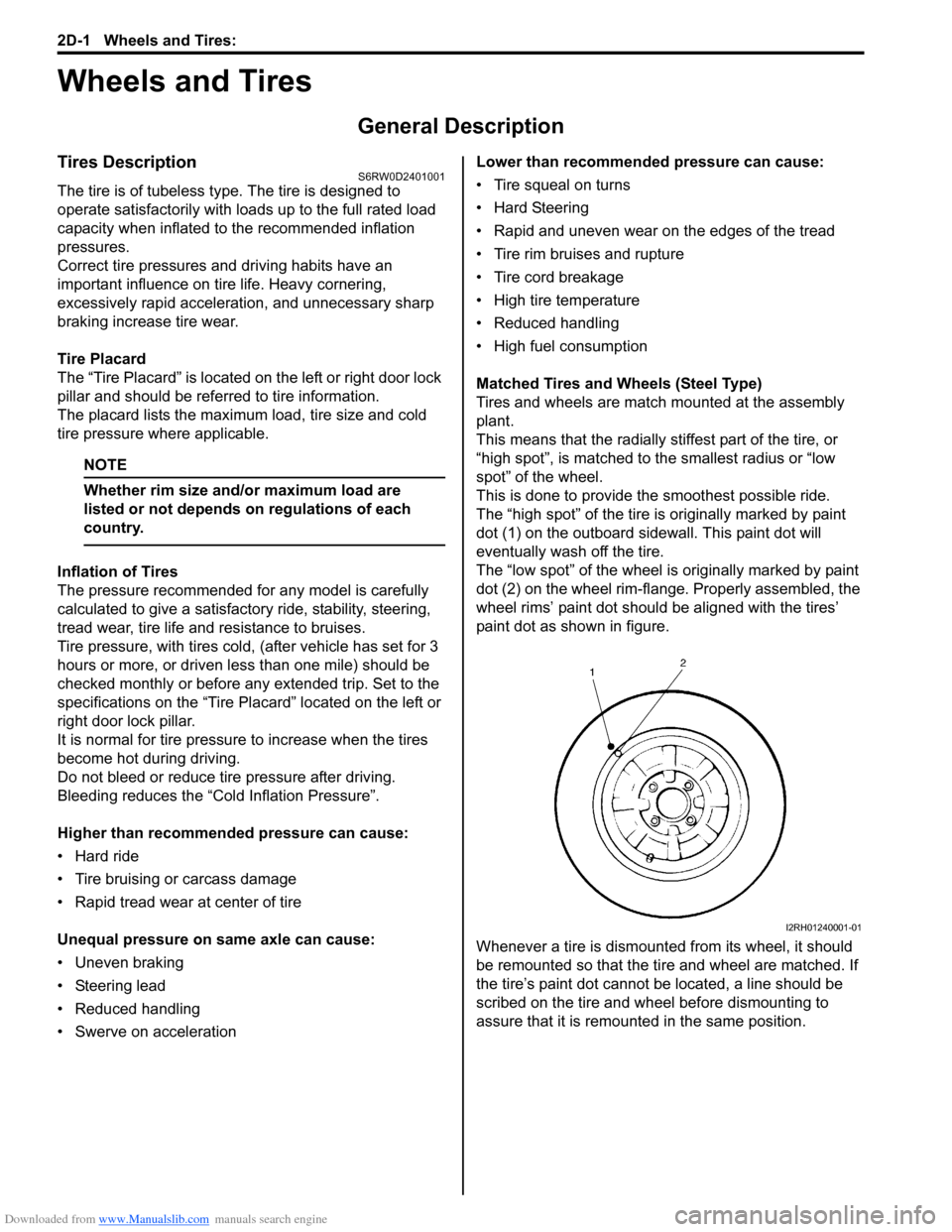 SUZUKI SX4 2006 1.G Service Workshop Manual Downloaded from www.Manualslib.com manuals search engine 2D-1 Wheels and Tires: 
Suspension
Wheels and Tires
General Description
Tires DescriptionS6RW0D2401001
The tire is of tubeless type. The tire i