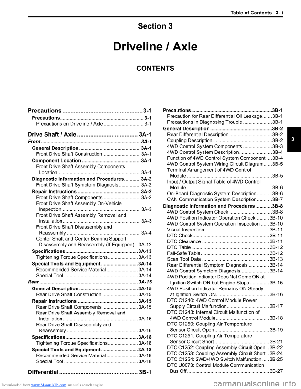 SUZUKI SX4 2006 1.G Service Workshop Manual Downloaded from www.Manualslib.com manuals search engine Table of Contents 3- i
3
Section 3
CONTENTS
Driveline / Axle
Precautions ................................................. 3-1
Precautions..... SUZUKI SX4 2006 1.G Service Workshop Manual Downloaded from www.Manualslib.com manuals search engine Table of Contents 3- i
3
Section 3
CONTENTS
Driveline / Axle
Precautions ................................................. 3-1
Precautions.....