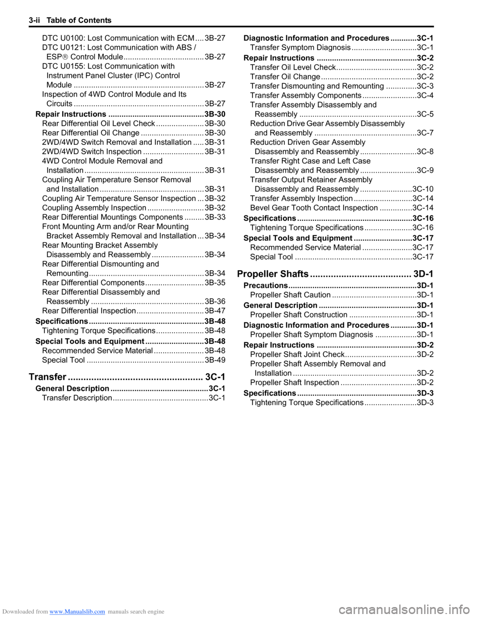 SUZUKI SX4 2006 1.G Service Workshop Manual Downloaded from www.Manualslib.com manuals search engine 3-ii Table of Contents
DTC U0100: Lost Communication with ECM .... 3B-27
DTC U0121: Lost Communication with ABS /
ESP® Control Module........ SUZUKI SX4 2006 1.G Service Workshop Manual Downloaded from www.Manualslib.com manuals search engine 3-ii Table of Contents
DTC U0100: Lost Communication with ECM .... 3B-27
DTC U0121: Lost Communication with ABS /
ESP® Control Module........