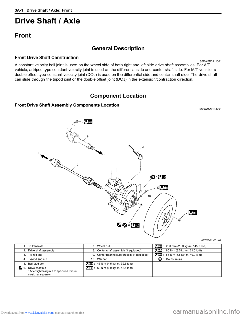 SUZUKI SX4 2006 1.G Service Workshop Manual Downloaded from www.Manualslib.com manuals search engine 3A-1 Drive Shaft / Axle: Front
Driveline / Axle
Drive Shaft / Axle
Front
General Description
Front Drive Shaft ConstructionS6RW0D3111001
A cons SUZUKI SX4 2006 1.G Service Workshop Manual Downloaded from www.Manualslib.com manuals search engine 3A-1 Drive Shaft / Axle: Front
Driveline / Axle
Drive Shaft / Axle
Front
General Description
Front Drive Shaft ConstructionS6RW0D3111001
A cons