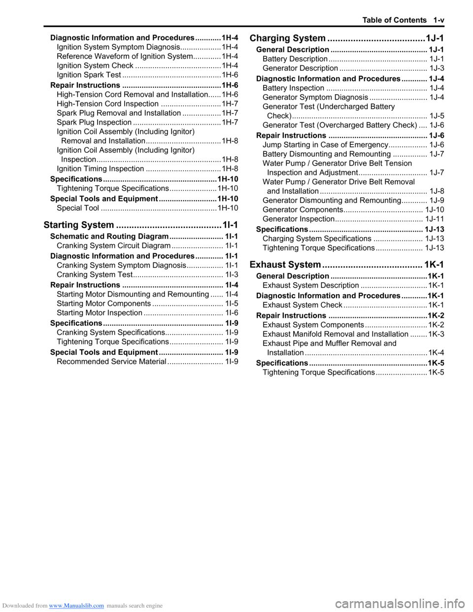 SUZUKI SX4 2006 1.G Service Service Manual Downloaded from www.Manualslib.com manuals search engine Table of Contents 1-v
Diagnostic Information and Procedures ............ 1H-4
Ignition System Symptom Diagnosis................... 1H-4
Referen