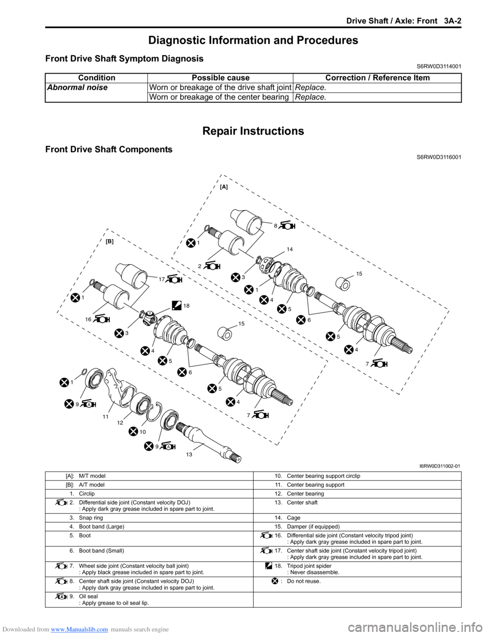 SUZUKI SX4 2006 1.G Service Workshop Manual Downloaded from www.Manualslib.com manuals search engine Drive Shaft / Axle: Front 3A-2
Diagnostic Information and Procedures
Front Drive Shaft Symptom DiagnosisS6RW0D3114001
Repair Instructions
Front SUZUKI SX4 2006 1.G Service Workshop Manual Downloaded from www.Manualslib.com manuals search engine Drive Shaft / Axle: Front 3A-2
Diagnostic Information and Procedures
Front Drive Shaft Symptom DiagnosisS6RW0D3114001
Repair Instructions
Front