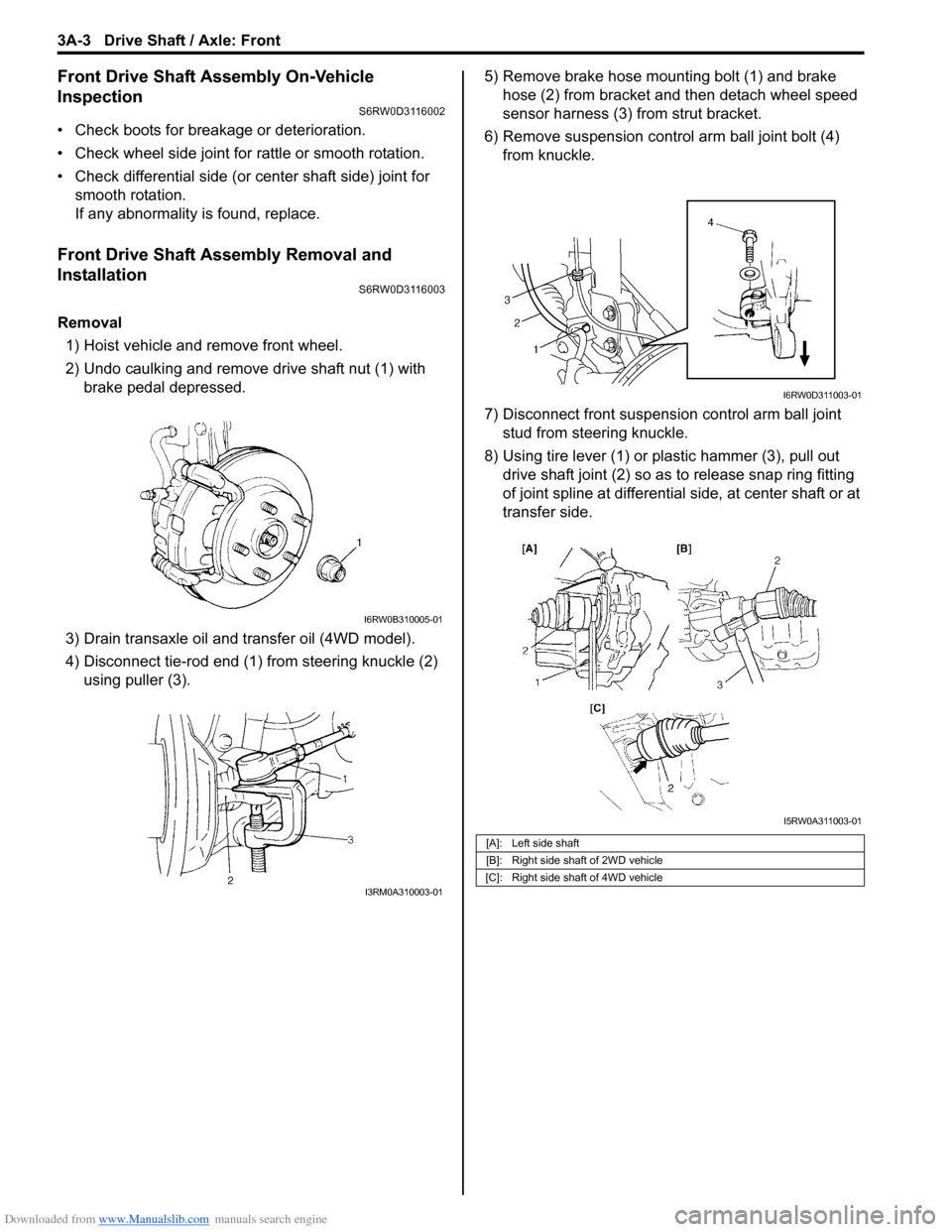 SUZUKI SX4 2006 1.G Service Workshop Manual Downloaded from www.Manualslib.com manuals search engine 3A-3 Drive Shaft / Axle: Front
Front Drive Shaft Assembly On-Vehicle 
Inspection
S6RW0D3116002
• Check boots for breakage or deterioration.
�