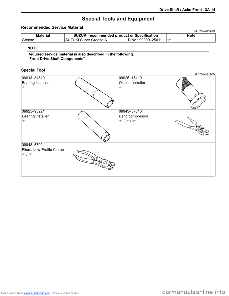 SUZUKI SX4 2006 1.G Service Workshop Manual Downloaded from www.Manualslib.com manuals search engine Drive Shaft / Axle: Front 3A-14
Special Tools and Equipment
Recommended Service MaterialS6RW0D3118001
NOTE
Required service material is also de SUZUKI SX4 2006 1.G Service Workshop Manual Downloaded from www.Manualslib.com manuals search engine Drive Shaft / Axle: Front 3A-14
Special Tools and Equipment
Recommended Service MaterialS6RW0D3118001
NOTE
Required service material is also de