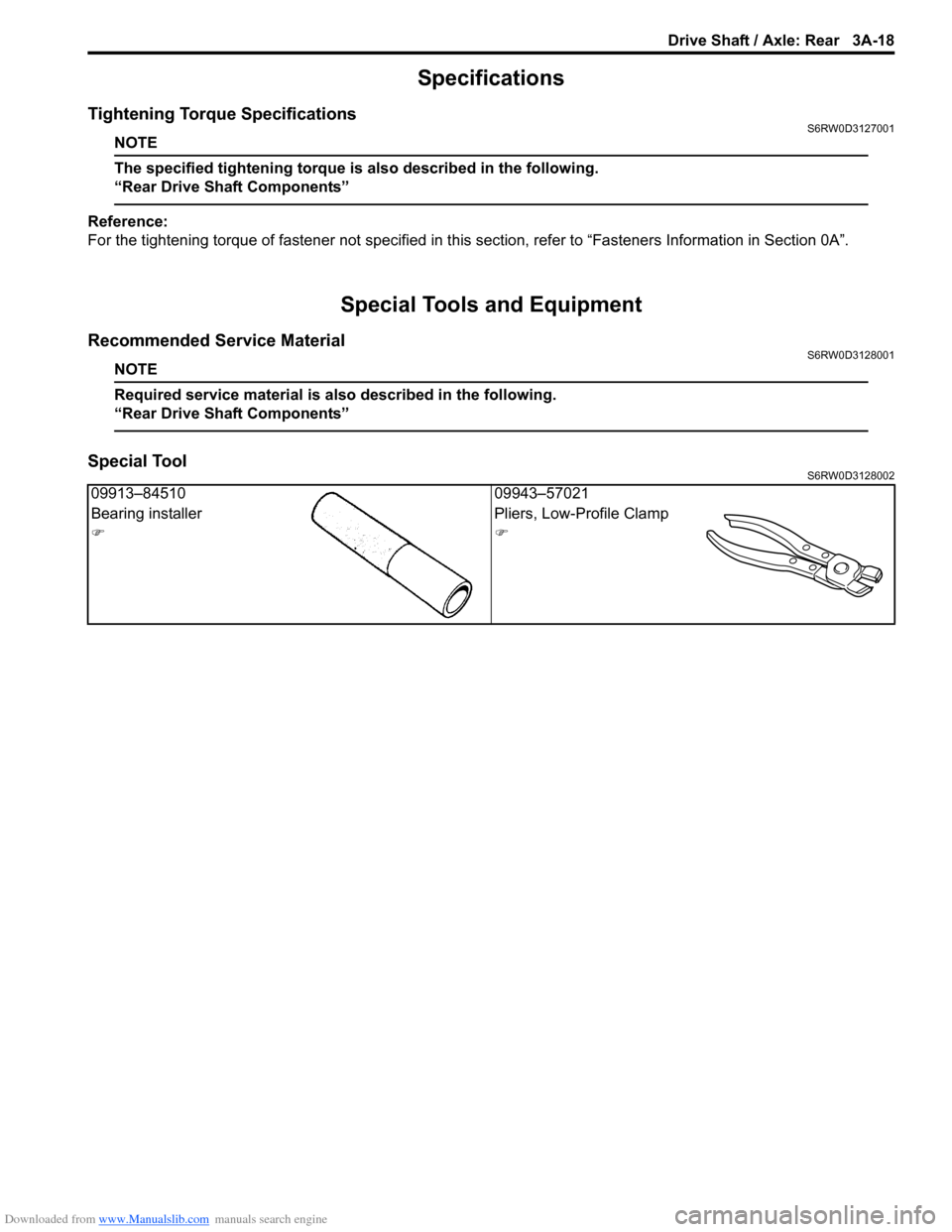 SUZUKI SX4 2006 1.G Service Workshop Manual Downloaded from www.Manualslib.com manuals search engine Drive Shaft / Axle: Rear 3A-18
Specifications
Tightening Torque SpecificationsS6RW0D3127001
NOTE
The specified tightening torque is also descri SUZUKI SX4 2006 1.G Service Workshop Manual Downloaded from www.Manualslib.com manuals search engine Drive Shaft / Axle: Rear 3A-18
Specifications
Tightening Torque SpecificationsS6RW0D3127001
NOTE
The specified tightening torque is also descri