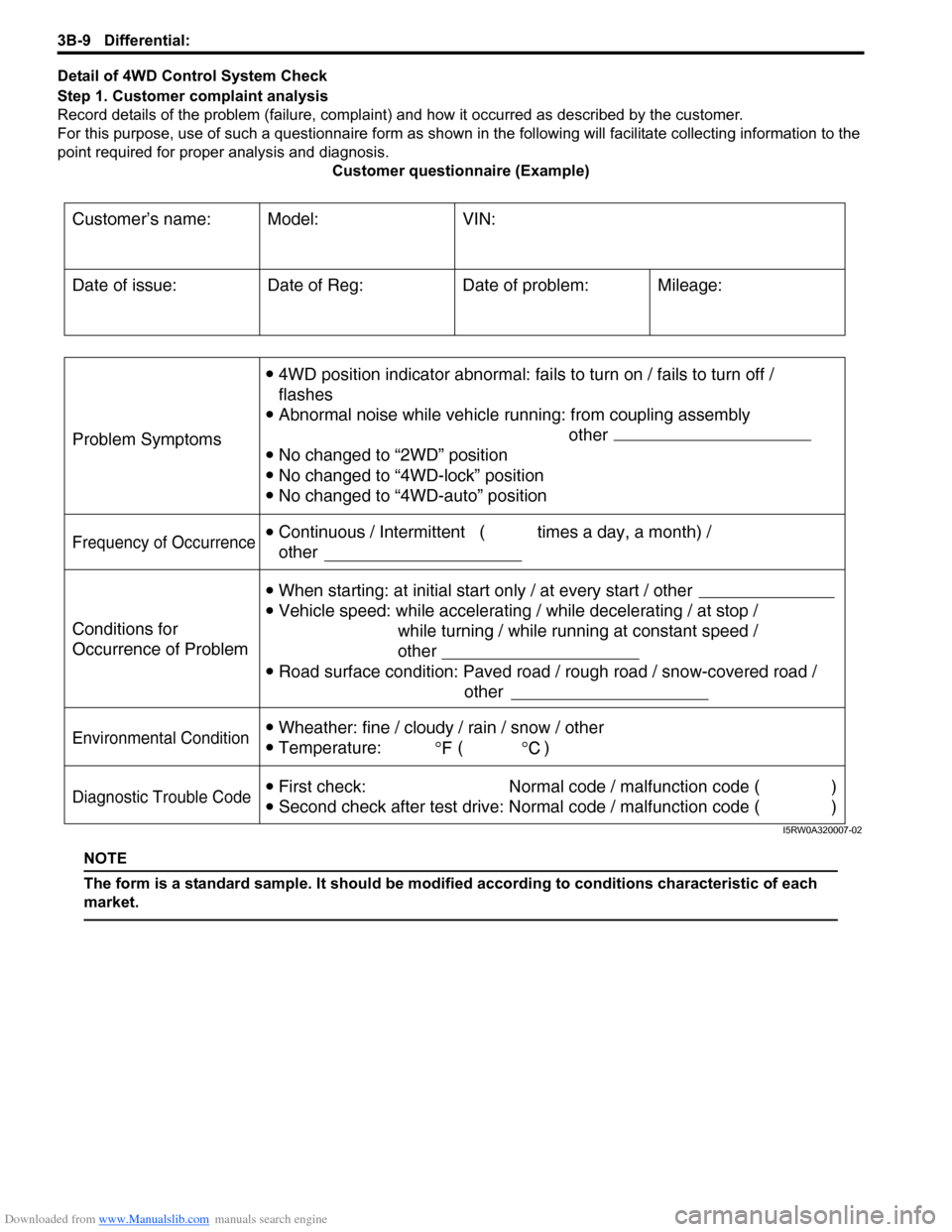 SUZUKI SX4 2006 1.G Service Workshop Manual Downloaded from www.Manualslib.com manuals search engine 3B-9 Differential:
Detail of 4WD Control System Check
Step 1. Customer complaint analysis
Record details of the problem (failure, complaint) a SUZUKI SX4 2006 1.G Service Workshop Manual Downloaded from www.Manualslib.com manuals search engine 3B-9 Differential:
Detail of 4WD Control System Check
Step 1. Customer complaint analysis
Record details of the problem (failure, complaint) a