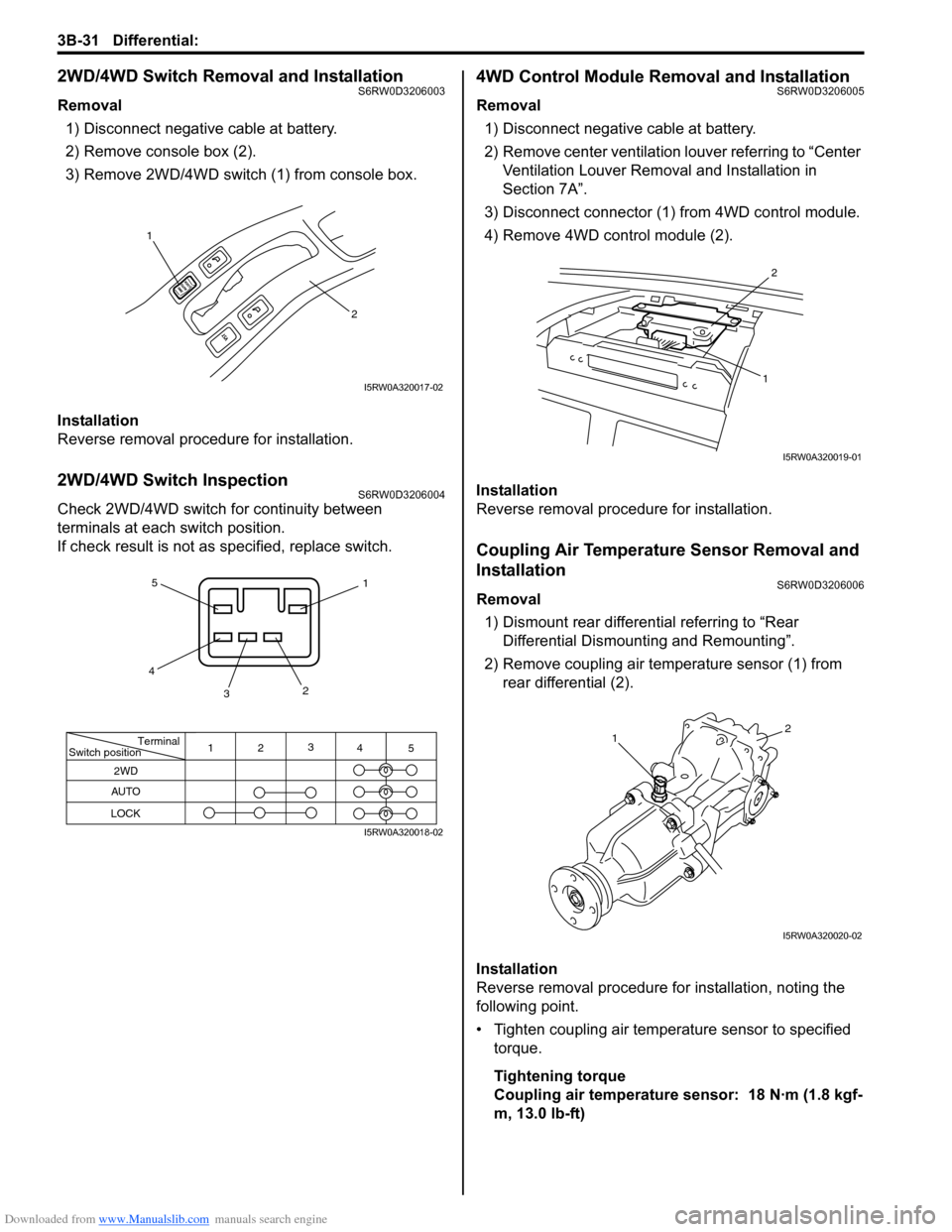 SUZUKI SX4 2006 1.G Service Workshop Manual Downloaded from www.Manualslib.com manuals search engine 3B-31 Differential: 
2WD/4WD Switch Removal and InstallationS6RW0D3206003
Removal
1) Disconnect negative cable at battery.
2) Remove console bo