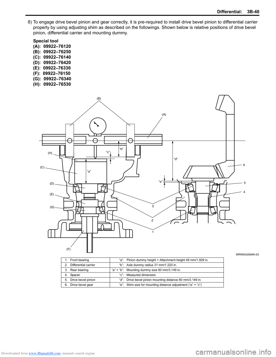 SUZUKI SX4 2006 1.G Service Workshop Manual Downloaded from www.Manualslib.com manuals search engine Differential: 3B-40
8) To engage drive bevel pinion and gear correctly, it is pre-required to install drive bevel pinion to differential carrie