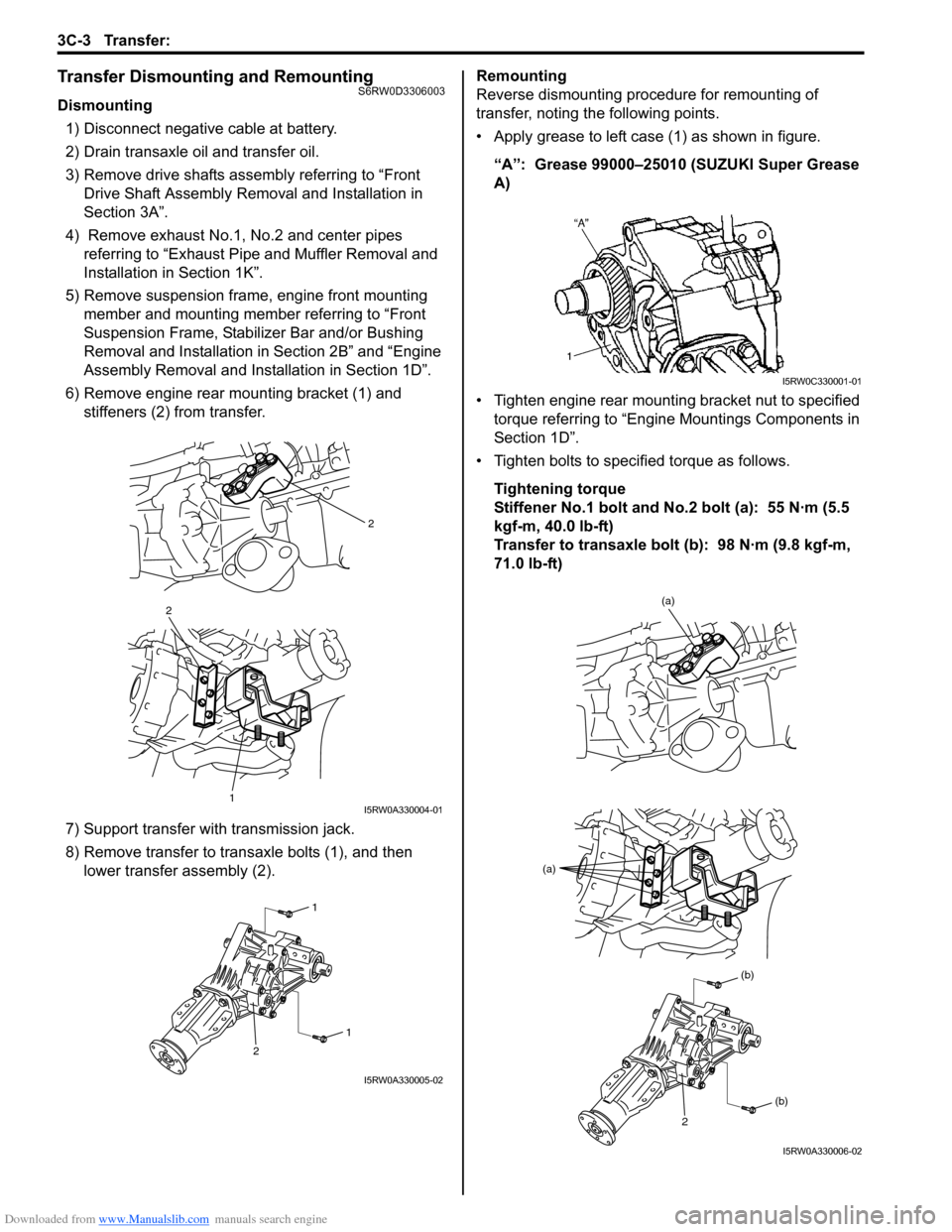 SUZUKI SX4 2006 1.G Service Owners Manual Downloaded from www.Manualslib.com manuals search engine 3C-3 Transfer: 
Transfer Dismounting and RemountingS6RW0D3306003
Dismounting
1) Disconnect negative cable at battery.
2) Drain transaxle oil an