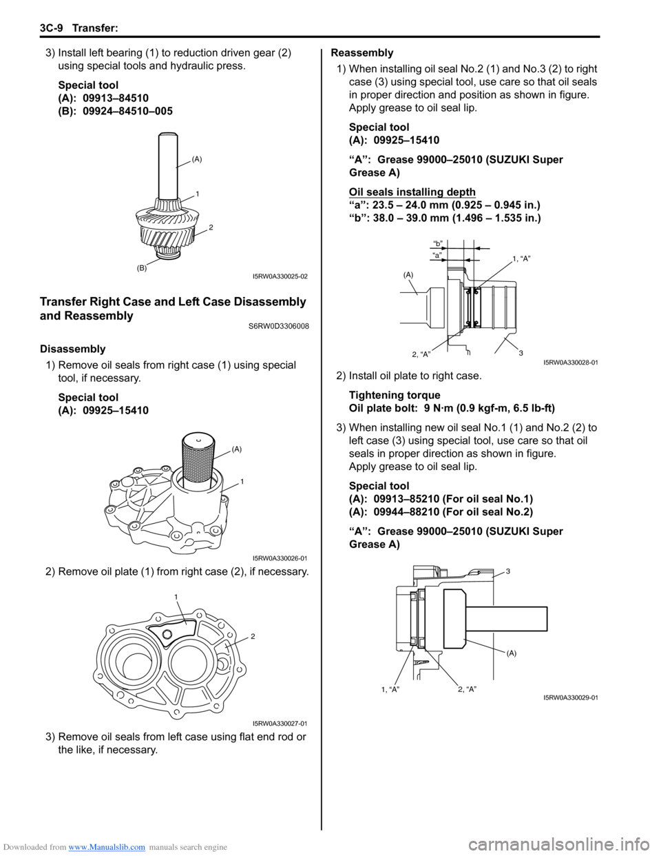 SUZUKI SX4 2006 1.G Service Workshop Manual Downloaded from www.Manualslib.com manuals search engine 3C-9 Transfer:
3) Install left bearing (1) to reduction driven gear (2)
using special tools and hydraulic press.
Special tool
(A): 09913–8 SUZUKI SX4 2006 1.G Service Workshop Manual Downloaded from www.Manualslib.com manuals search engine 3C-9 Transfer:
3) Install left bearing (1) to reduction driven gear (2)
using special tools and hydraulic press.
Special tool
(A): 09913–8
