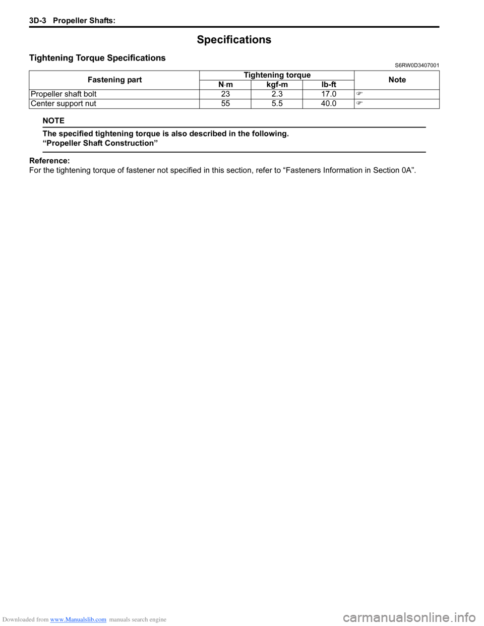 SUZUKI SX4 2006 1.G Service Workshop Manual Downloaded from www.Manualslib.com manuals search engine 3D-3 Propeller Shafts: 
Specifications
Tightening Torque SpecificationsS6RW0D3407001
NOTE
The specified tightening torque is also described in 