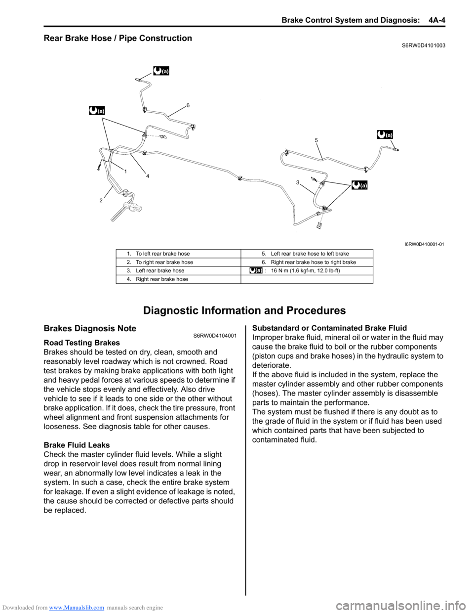 SUZUKI SX4 2006 1.G Service Workshop Manual Downloaded from www.Manualslib.com manuals search engine Brake Control System and Diagnosis:  4A-4
Rear Brake Hose / Pipe ConstructionS6RW0D4101003
Diagnostic Information and Procedures
Brakes Diagnos