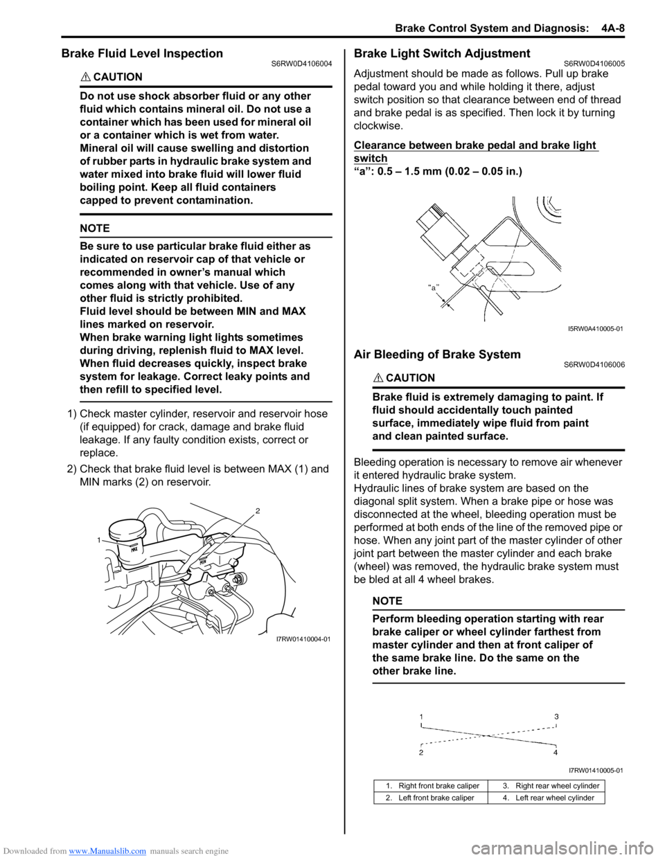 SUZUKI SX4 2006 1.G Service Owners Manual Downloaded from www.Manualslib.com manuals search engine Brake Control System and Diagnosis:  4A-8
Brake Fluid Level InspectionS6RW0D4106004
CAUTION! 
Do not use shock absorber fluid or any other 
flu