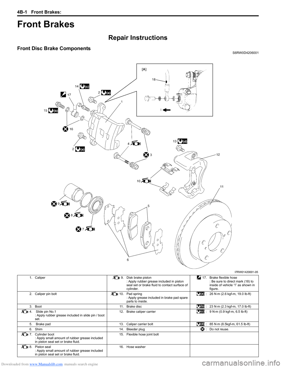 SUZUKI SX4 2006 1.G Service User Guide Downloaded from www.Manualslib.com manuals search engine 4B-1 Front Brakes: 
Brakes
Front Brakes
Repair Instructions
Front Disc Brake ComponentsS6RW0D4206001
I7RW01420001-05
1. Caliper 9. Disk brake p