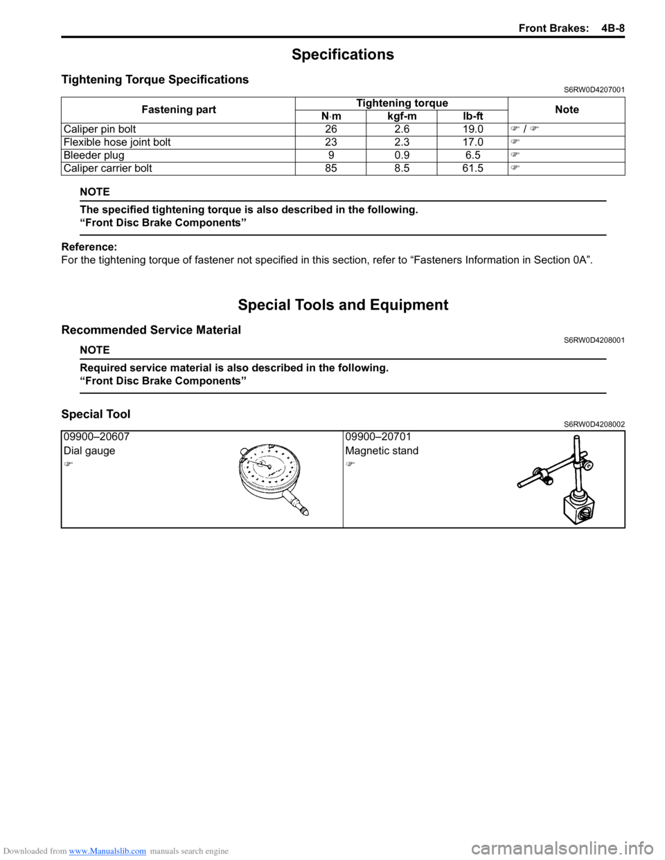 SUZUKI SX4 2006 1.G Service Workshop Manual Downloaded from www.Manualslib.com manuals search engine Front Brakes: 4B-8
Specifications
Tightening Torque SpecificationsS6RW0D4207001
NOTE
The specified tightening torque is also described in the SUZUKI SX4 2006 1.G Service Workshop Manual Downloaded from www.Manualslib.com manuals search engine Front Brakes: 4B-8
Specifications
Tightening Torque SpecificationsS6RW0D4207001
NOTE
The specified tightening torque is also described in the
